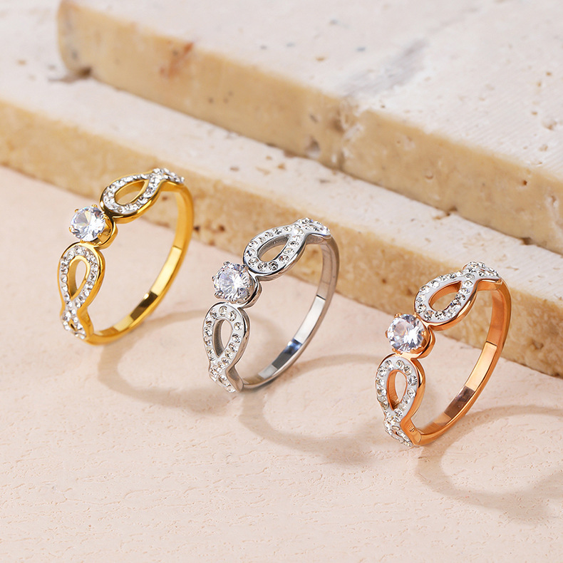 Elegant Curve Titanium Steel Artificial Diamond Open Ring In Bulk