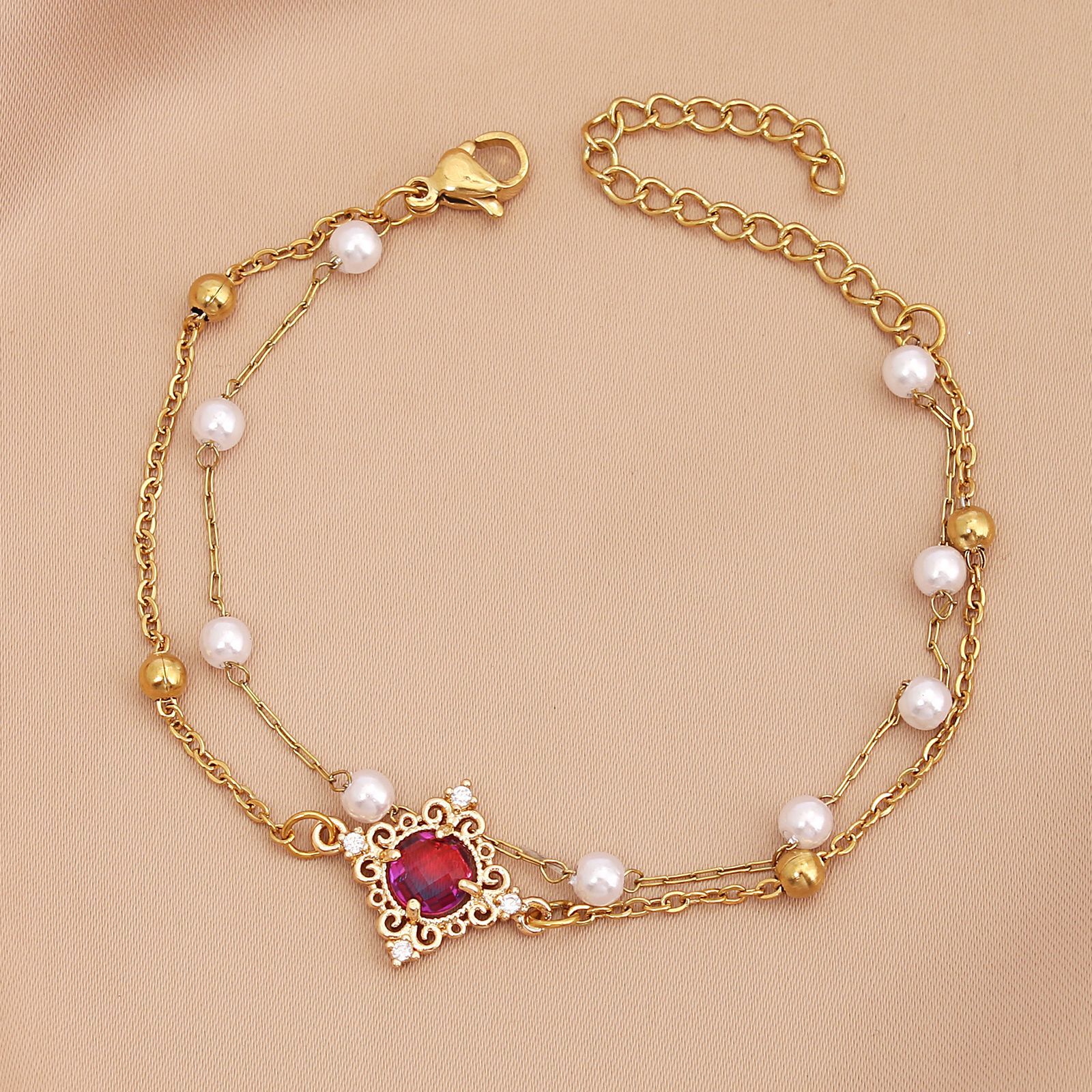 Wholesale Simple Style Round Stainless Steel Imitation Pearl Handmade Inlay Zircon Bracelets