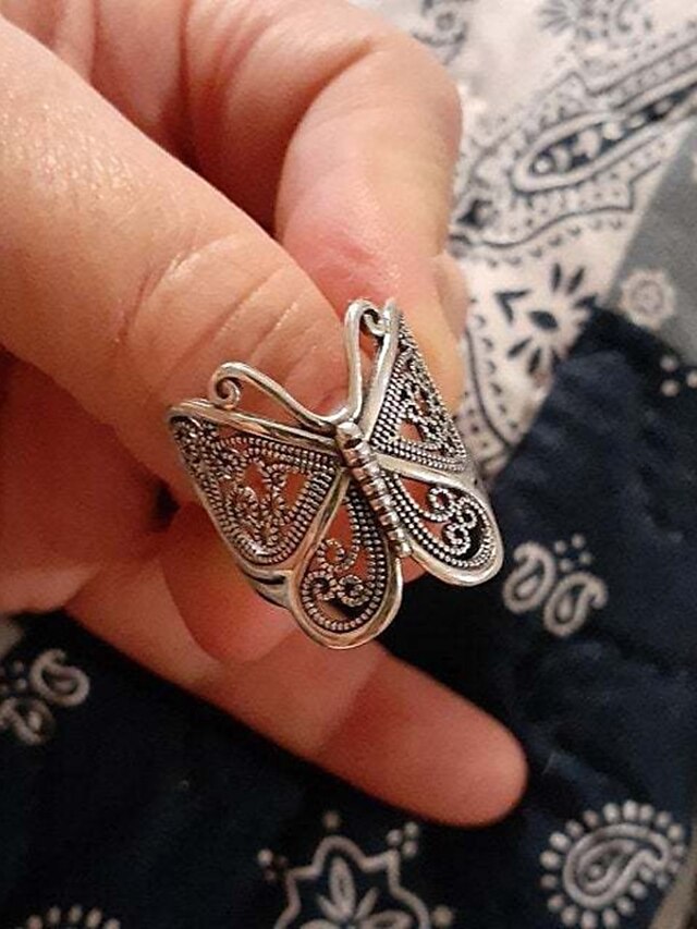 Women's Rings Filigree Butterfly Jewelry Fashion All-Match Opening Adjustable Ring (Silver) Retro Carved Big Trendy Wrap-Around Butterfly Rings Jewelry