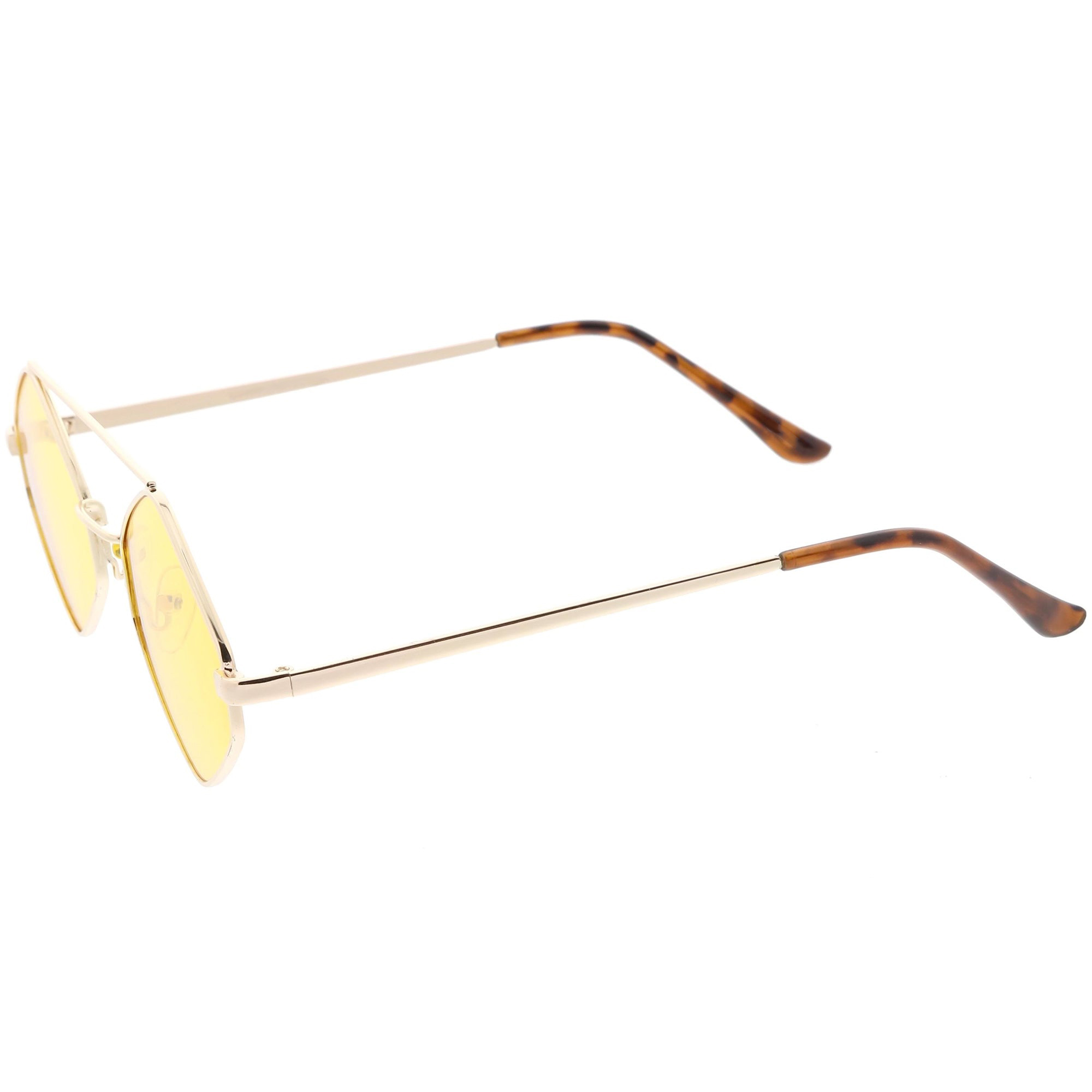 Retro Hexagon Diamond Shaped Color Toned Flat Lens Sunglasses